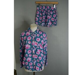 Yireh + Hauper Por Floral Print Button Down Pajama Set Small Women Teal Pink